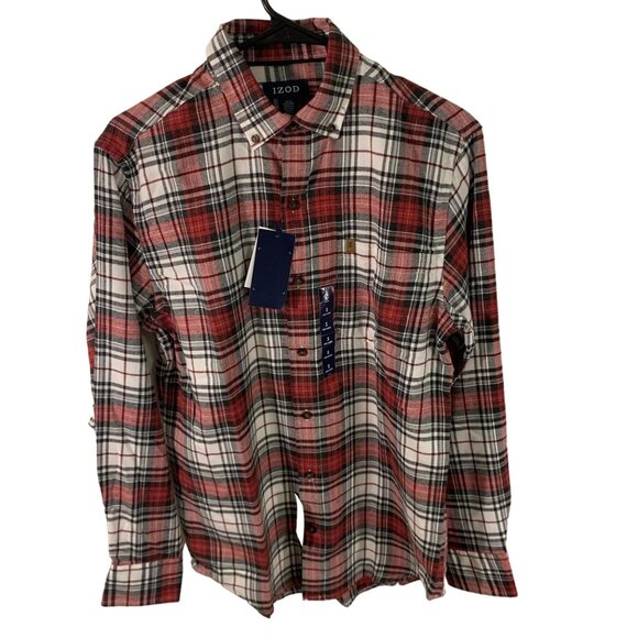 Izod Mens S Plaid Flannel Button-Up Shirt Bordeaux Wine - Picture 1 of 6